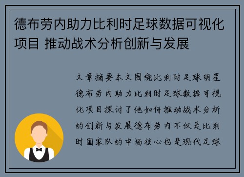 德布劳内助力比利时足球数据可视化项目 推动战术分析创新与发展